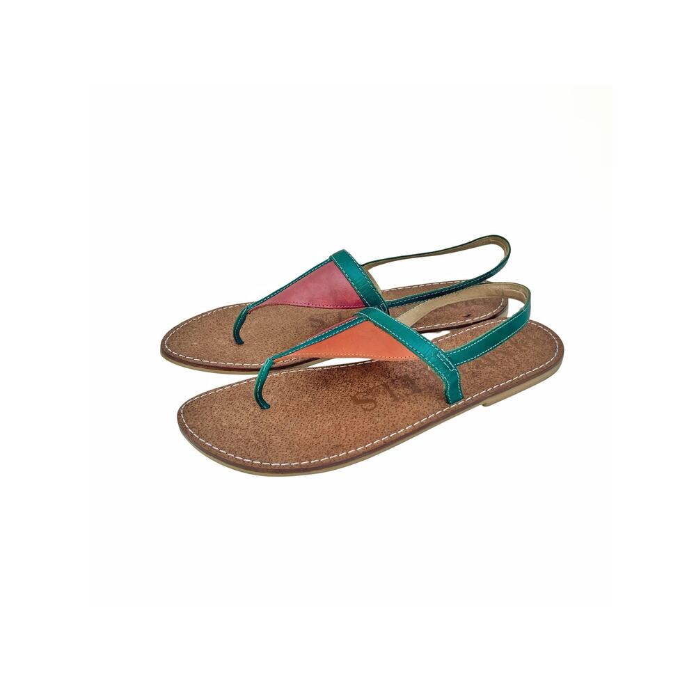 Colorblock Leather Toe Loop Sandals Size 11 Made in Brazil Boho Resort Flats EUC